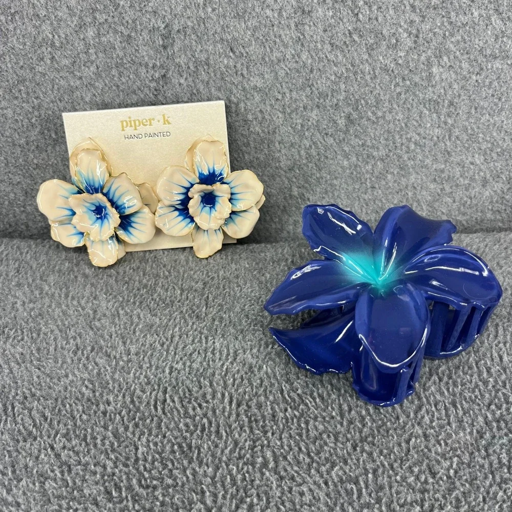 Piper K Floral Clip-On Earrings & Hair Claw Set Beach Tropical Bora Hand Painted